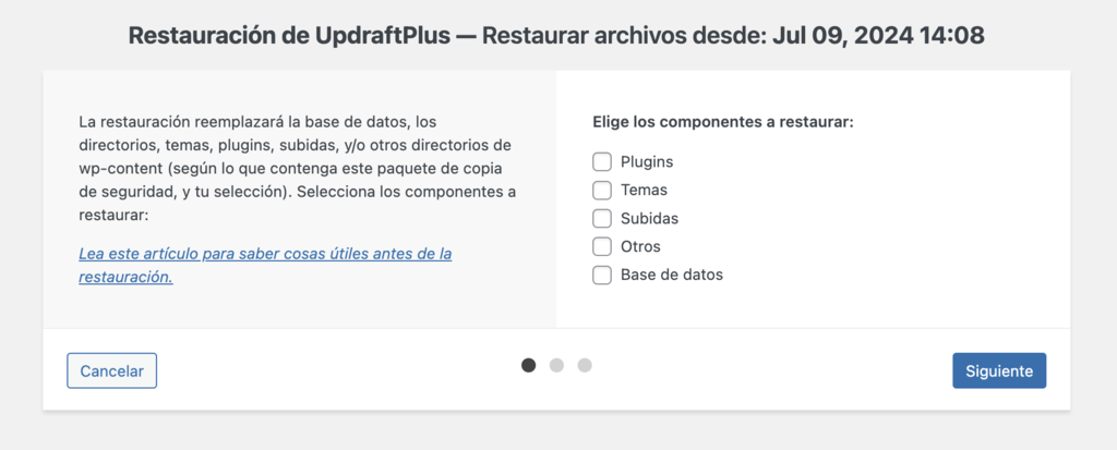 Secci&oacute;n de restauraci&oacute;n de UpdraftPlus