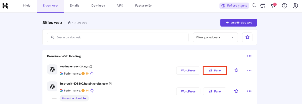 Secci&oacute;n de sitios web de hPanel