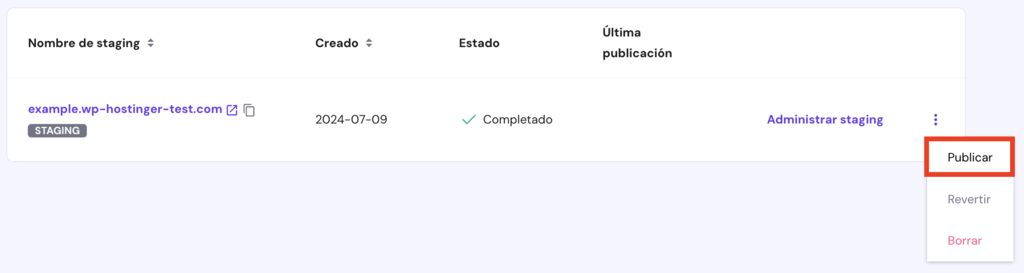 Secci&oacute;n de sitios de prueba en hPanel