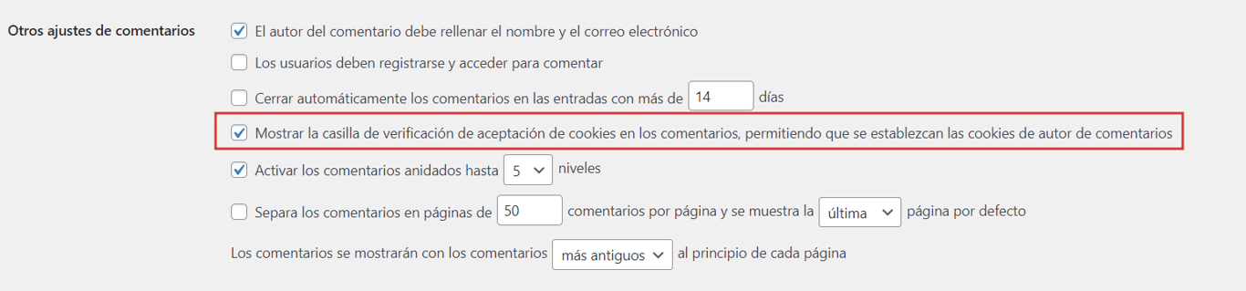Opci&oacute;n de cookies para comentarios en WordPress