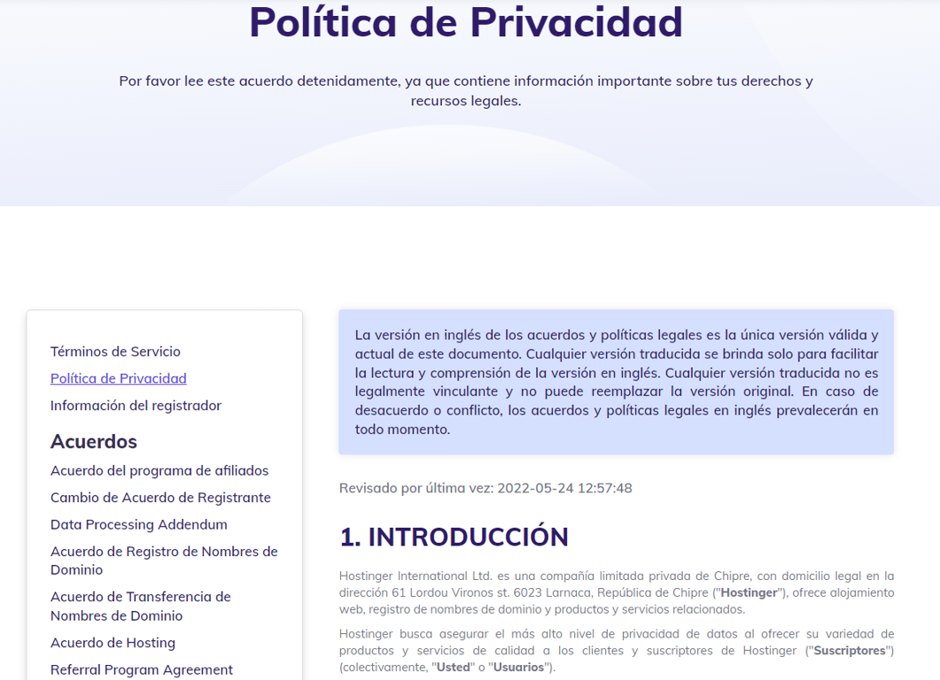 Ejemplo de Pol&iacute;tica de Privacidad de Hostinger