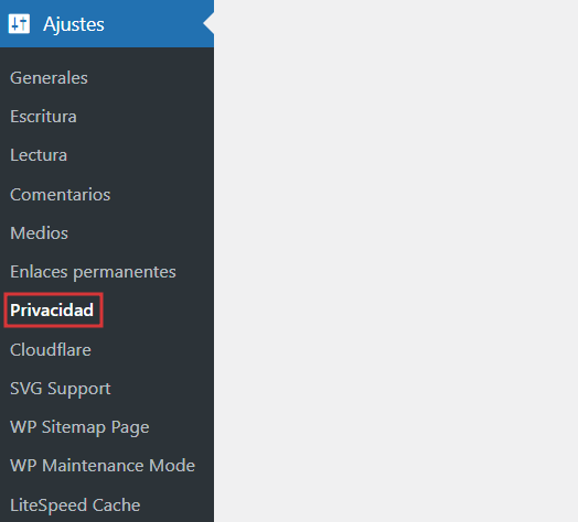 Secci&oacute;n de Privacidad en Ajustes de WordPress