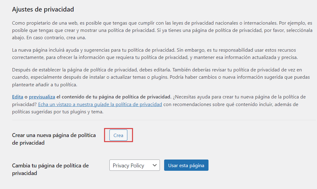 Crear una nueva p&aacute;gina de pol&iacute;tica de privacidad en WordPress