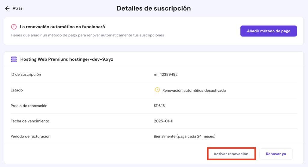 Detalles de suscripci&oacute;n de un dominio en hPanel