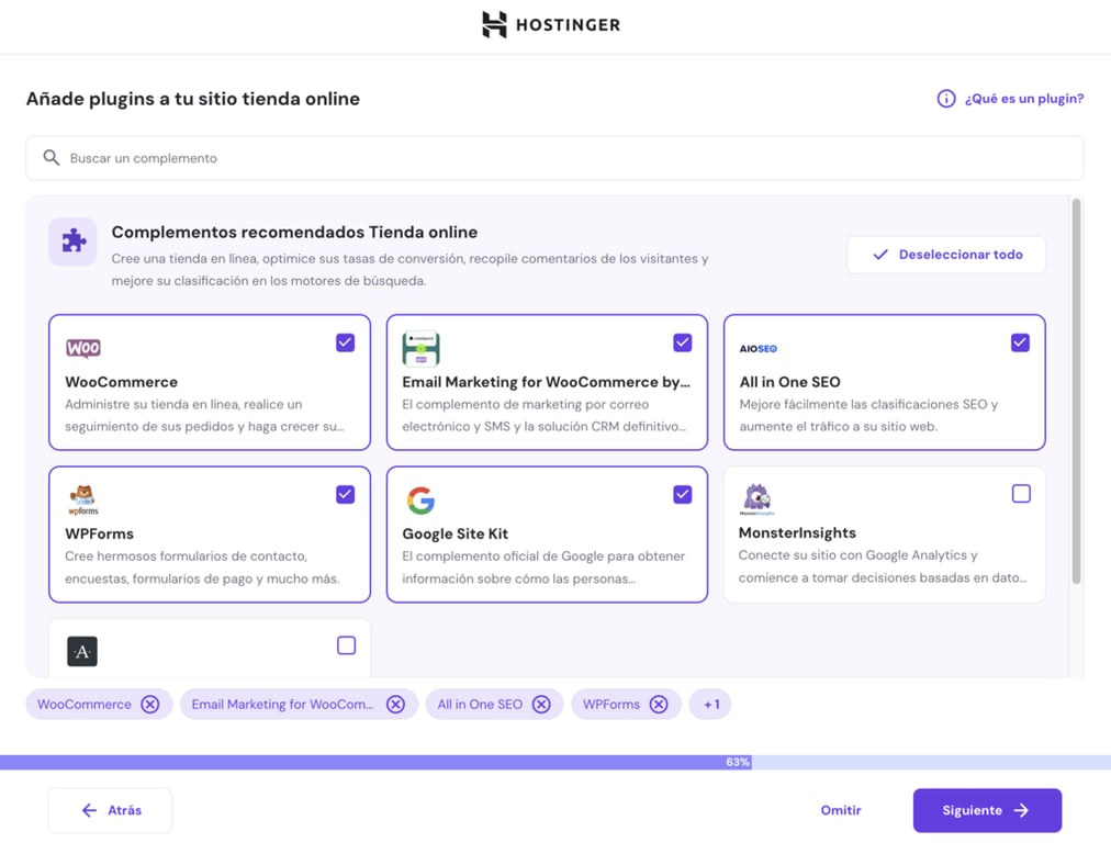 Plugins preseleccionados de hPanel