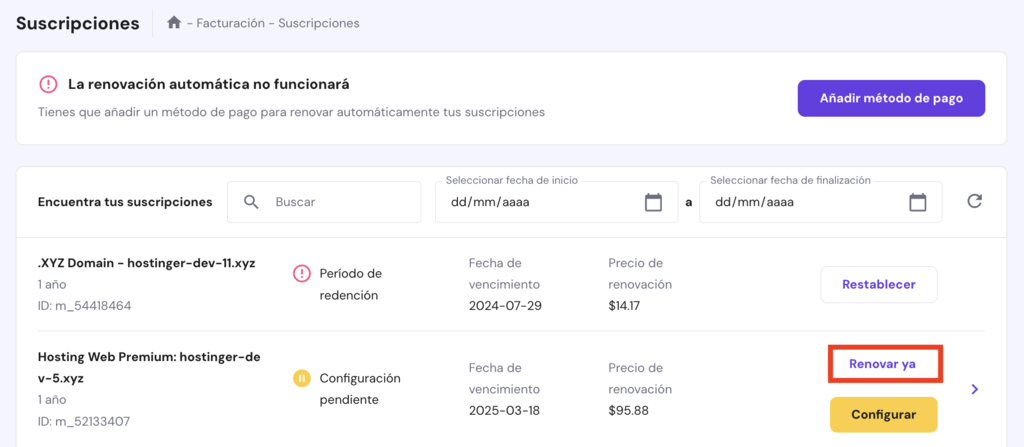 Secci&oacute;n de suscripciones de Hostinger