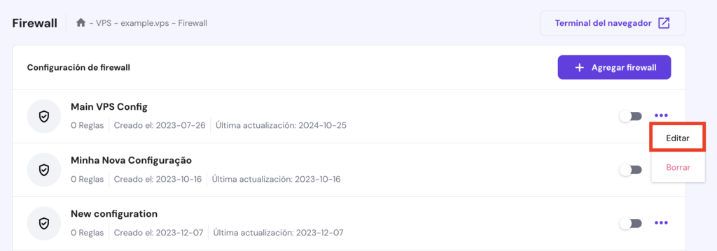 Secci&oacute;n de firewall en hPanel