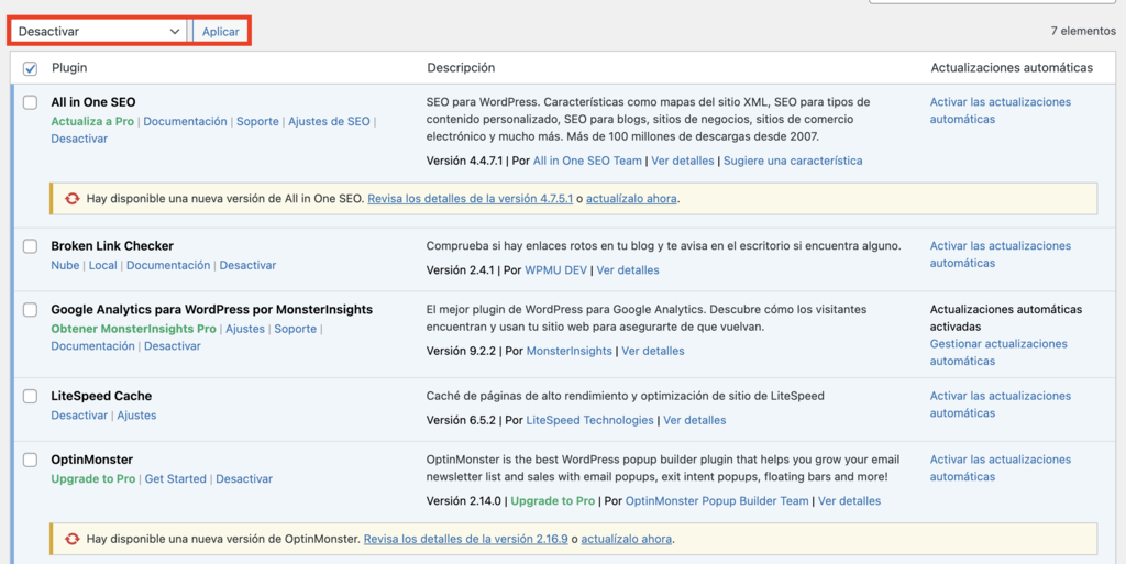 Secci&oacute;n de plugins de WP