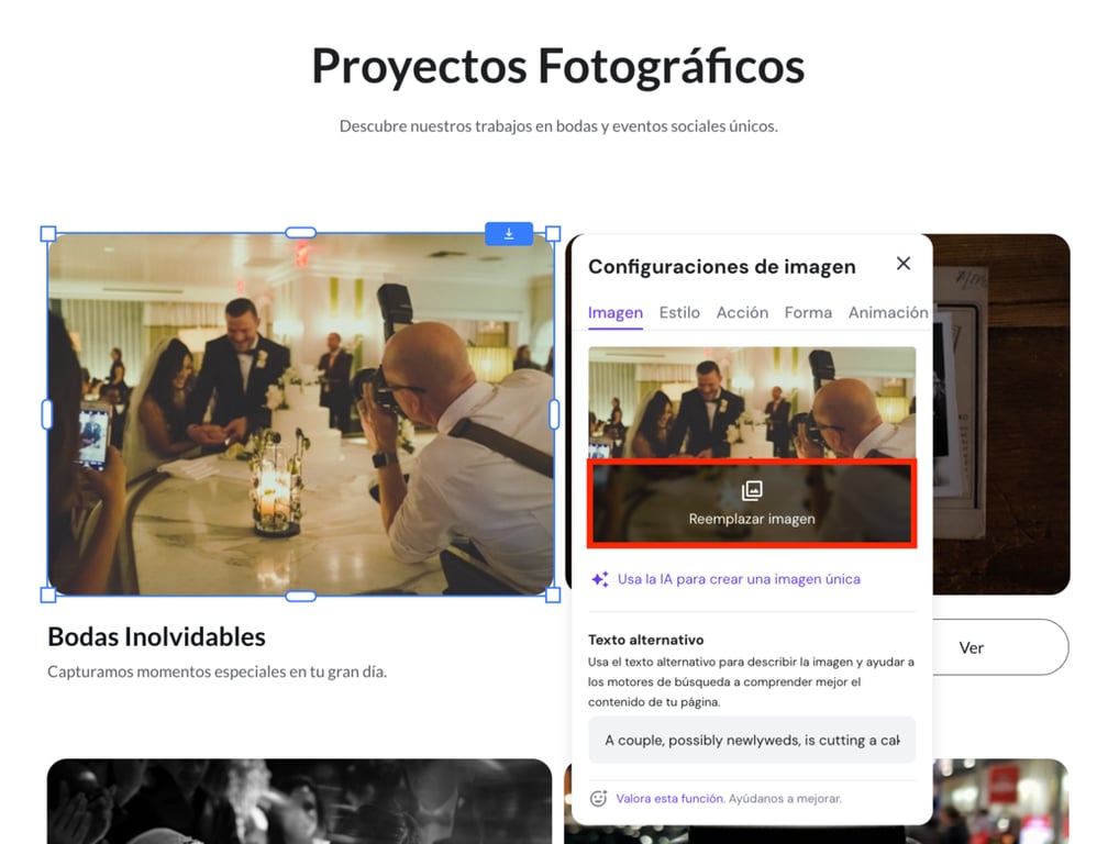 Opci&oacute;n de reemplazar imagen en el Creador de Hostinger
