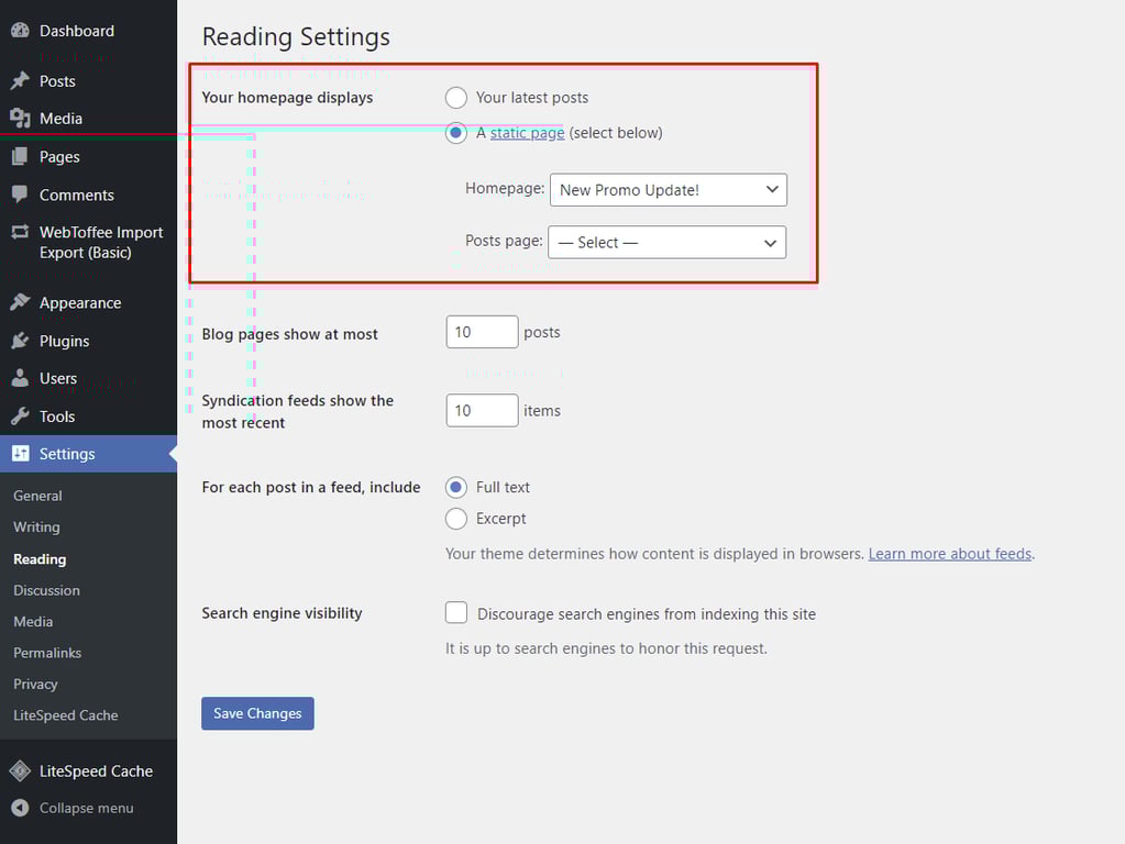 WordPress で新しい静的なホームページをセットアップ