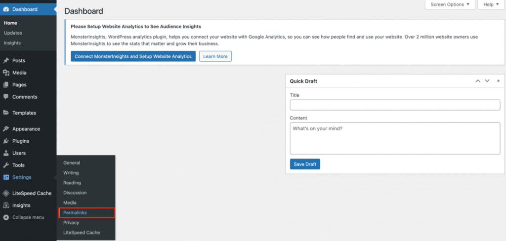 WordPressダッシュボードのパーマリンクボタン