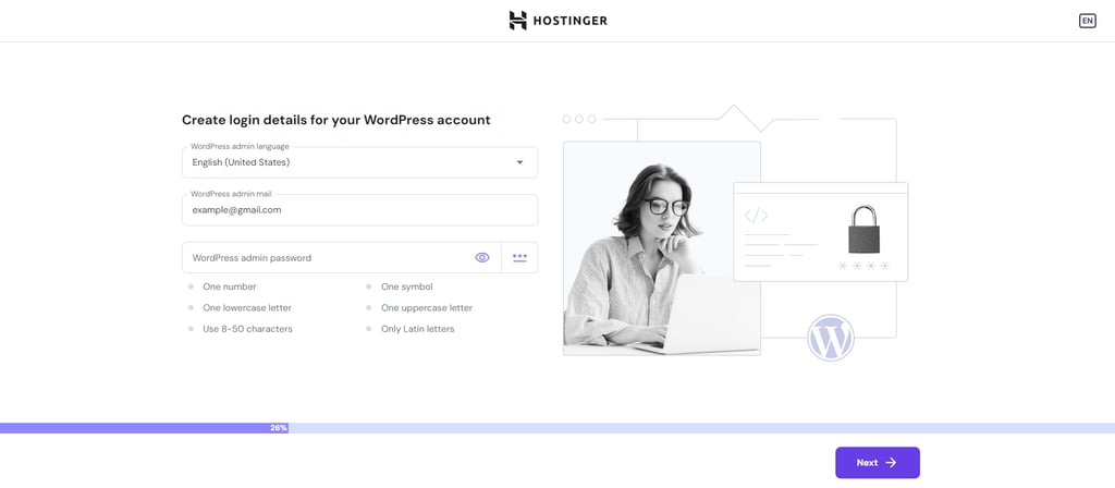 Hostingerの初期設定ステップにおけるWordPressのアカウント作成ページ