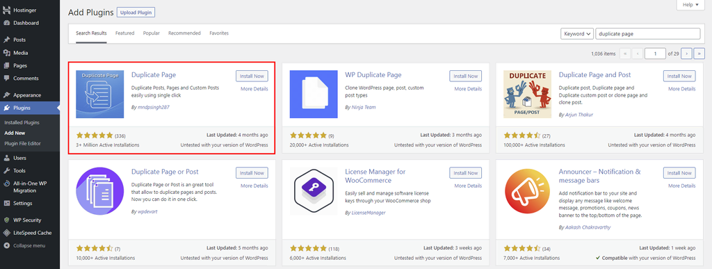 プラグインセクションのDuplicate Pageプラグインがハイライト表示