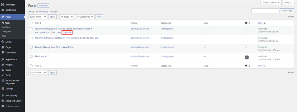 投稿セクションに手動で作成された「複製」ボタンがハイライト表示。