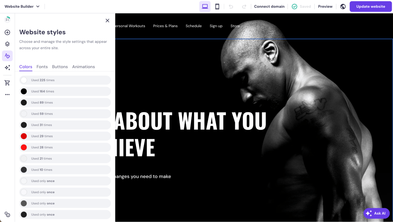 Hostingerのサイト作成ツールでWebサイトのスタイルメニューを開く