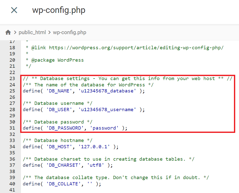 wp-config.phpファイルのデータベース設定の編集