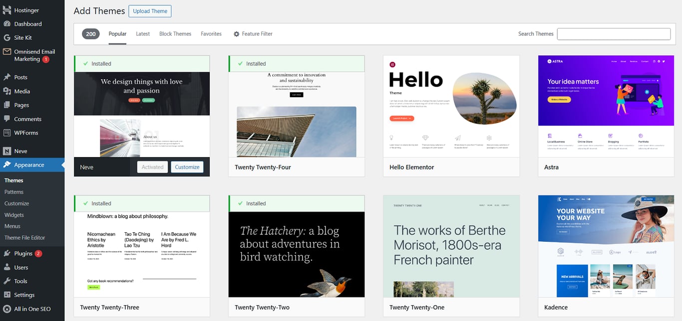 WordPress新規テーマを追加メニューインターフェース