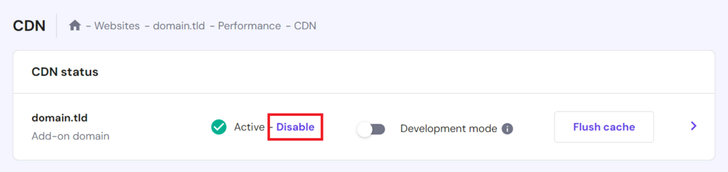 hPanelのCDNステータスセクションでCDNを無効にする