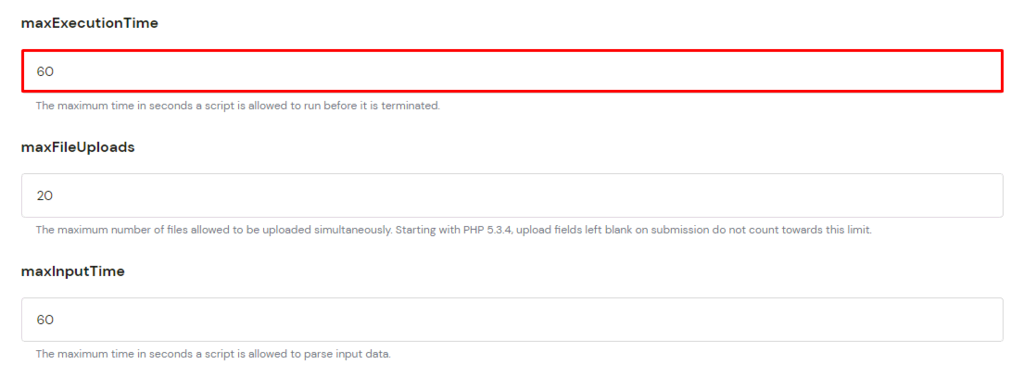 hPanelのPHPオプションタブでmaxExecutionTimeの値を増やす