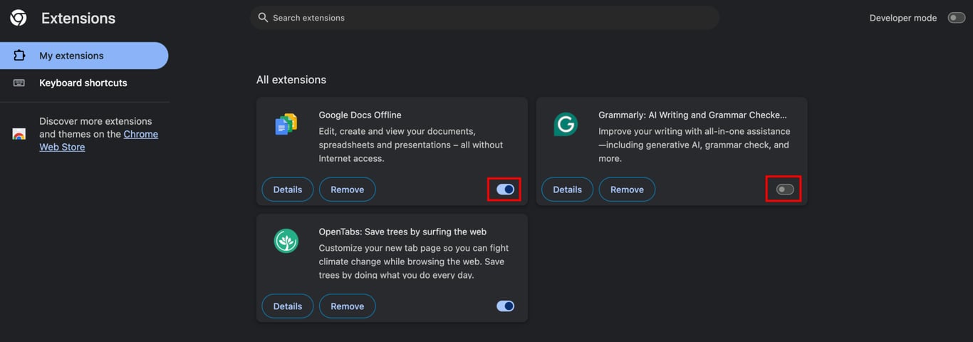 Google Chrome の拡張機能ページ