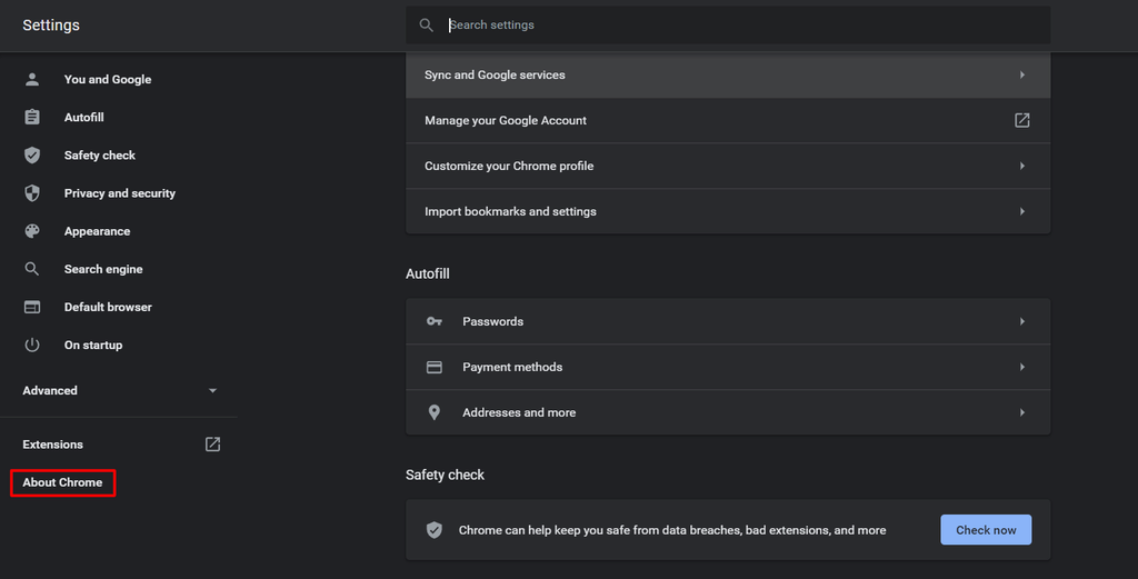 Google Chrome の設定、Chrome について