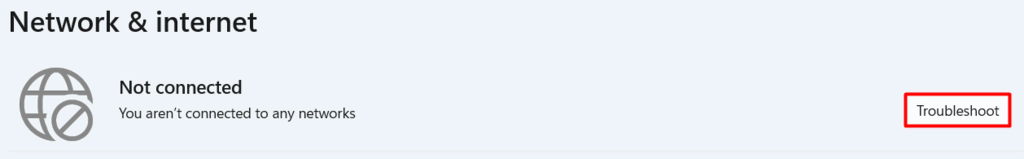 Windowsの「ネットワークとインターネット」設定にある「トラブルシューティング」ボタン。