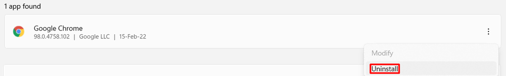WindowsでのGoogle Chromeの「アンインストール」ボタン。
