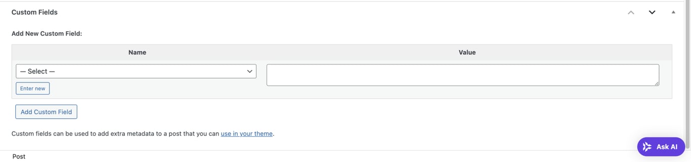 投稿エディタのWordPressカスタムフィールドセクション
