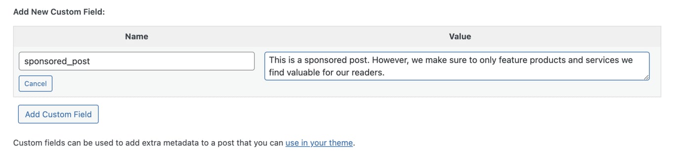 WordPressの投稿エディターで新しいカスタムフィールドを追加するインターフェース
