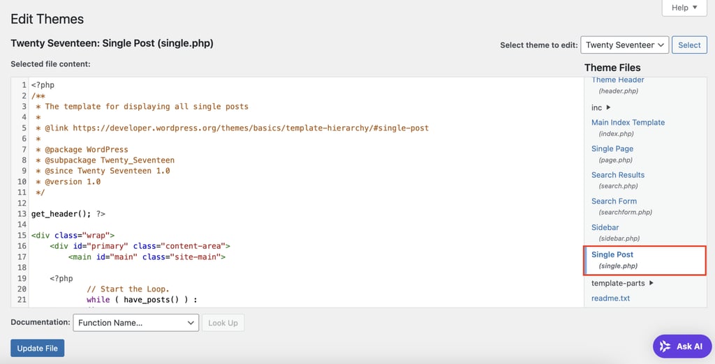 WordPressのテーマエディターで開いたsingle.phpファイル