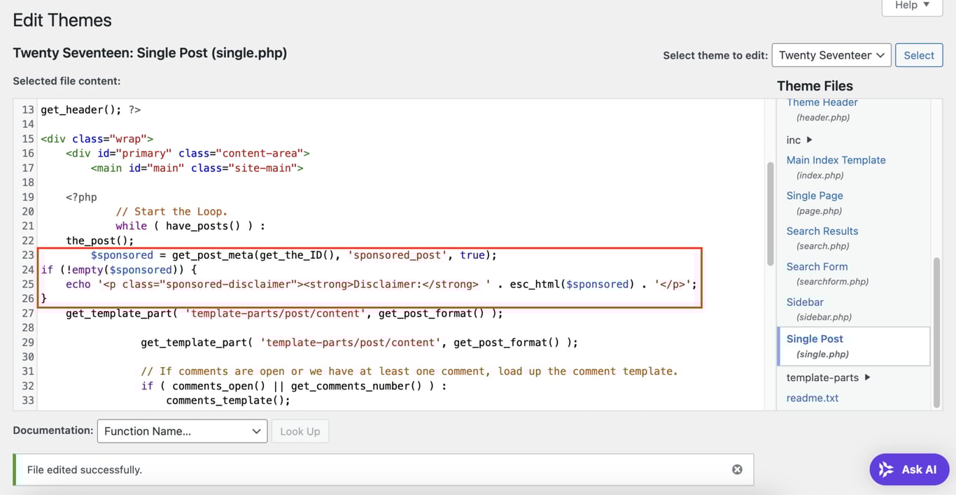 テーマファイルにWordPressカスタムフィールドを表示するコード行を追加