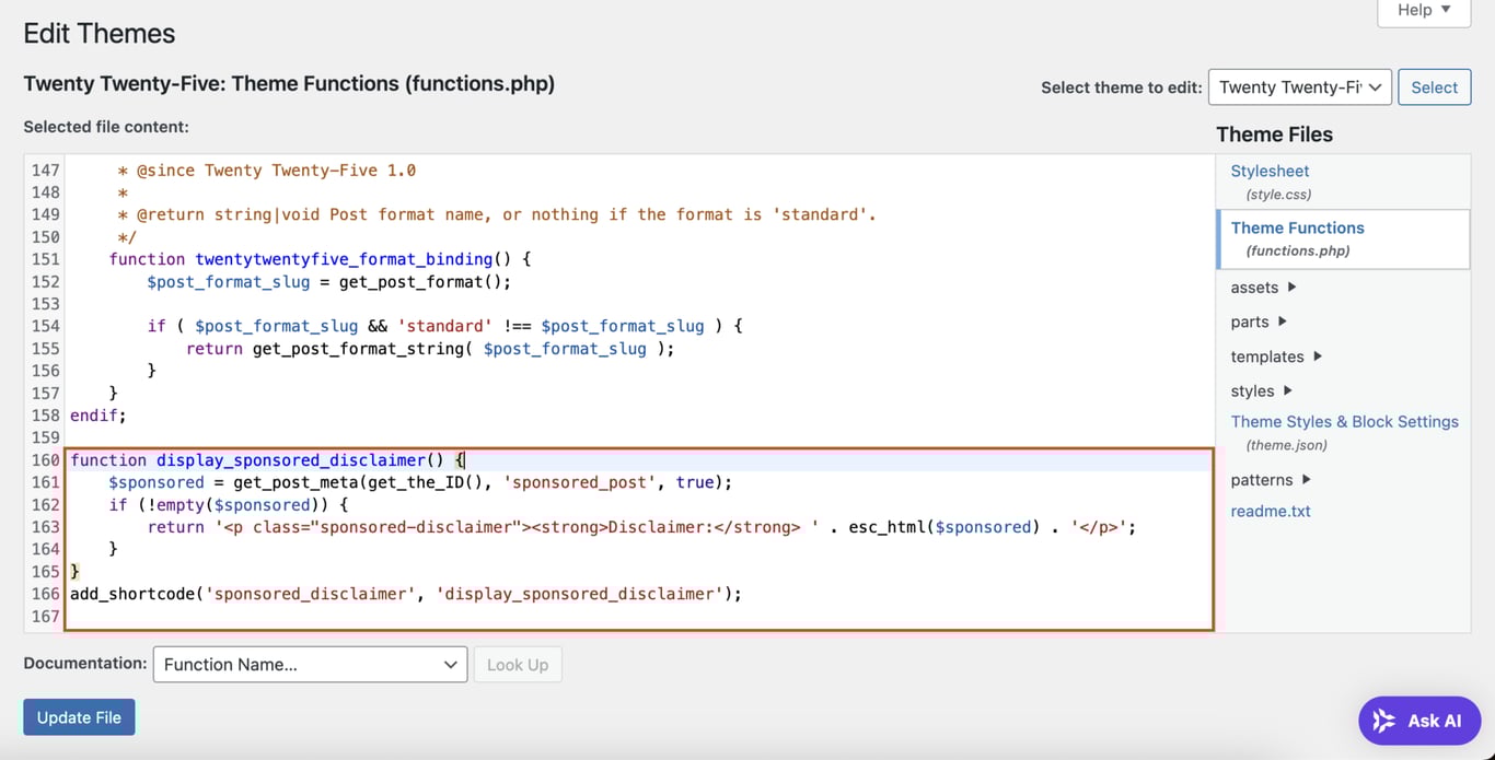 WordPressカスタムフィールドを追加するためにfunctions.phpファイルに追加されたコード行