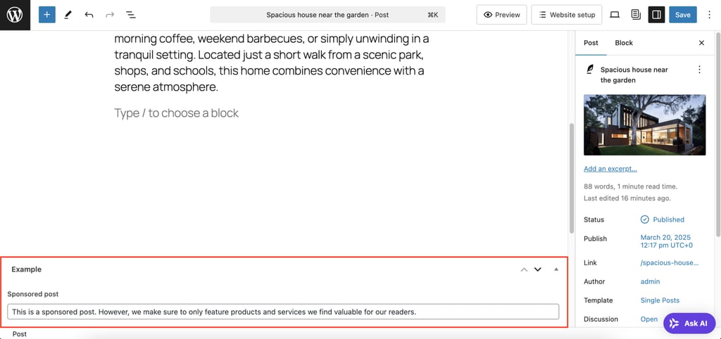 SCFとMeta Field Blockプラグインで作成されたWordPress投稿エディタのカスタムフィールドセクション