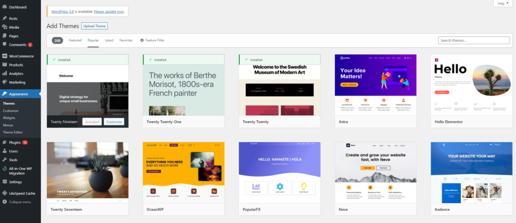 WordPressのダッシュボードからアクセスできる公式テーマライブラリ