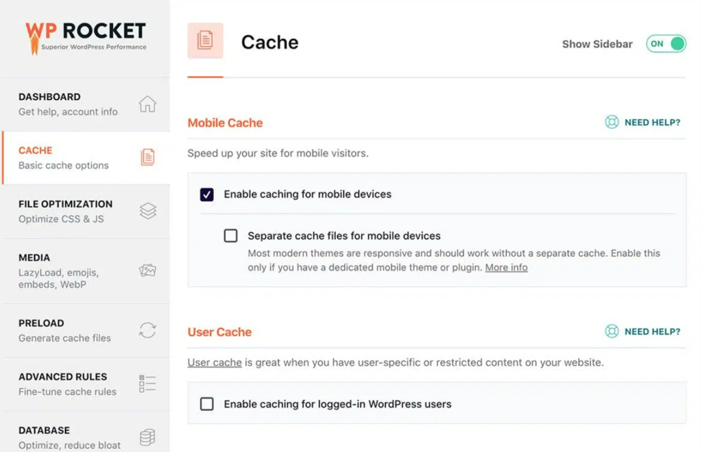 WP Rocketのインターフェース