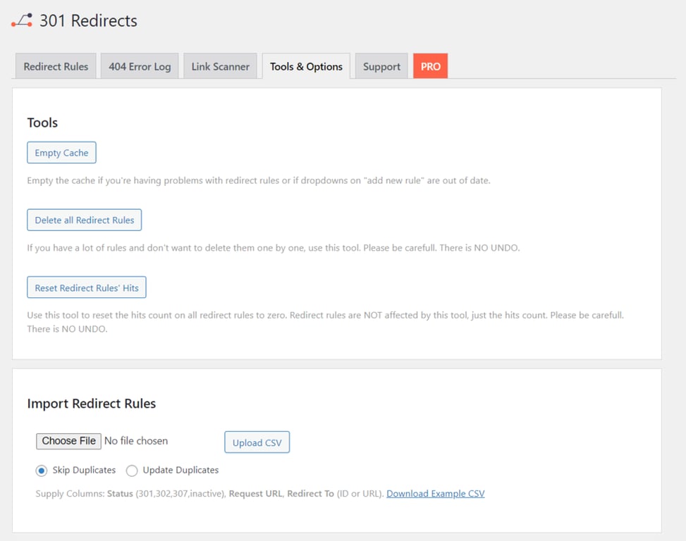 WP 301 Redirectsのインターフェース