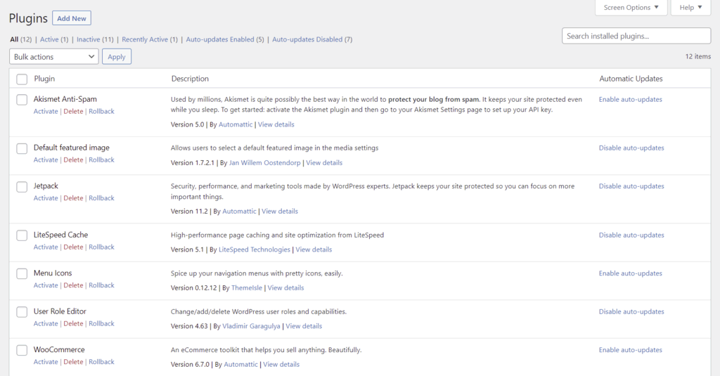 インストール済みプラグインの一覧には、各プラグインの下に「rollback」ボタンが表示されます。