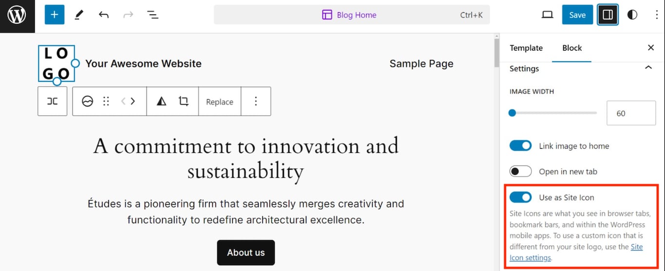 Gutenbergサイトエディターでサイトアイコンのトグルを使用
