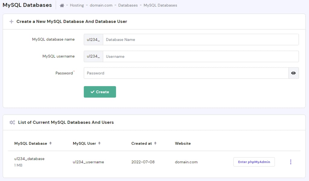 hPanelの現在のデータベースとユーザーのリスト