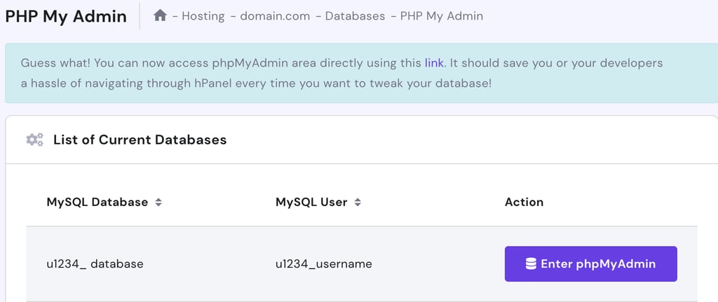 hPanel上のphpMyAdminへの直接リンク