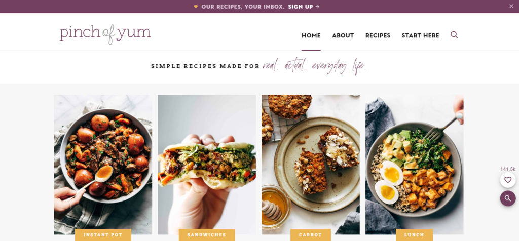 Pinch of YumのWebサイトのトップページ