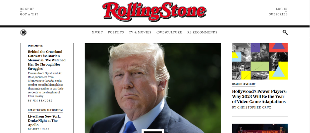 RollingStoneのWebサイトのトップページ