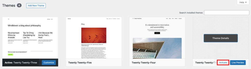 WordPressテーマページで、子テーマを有効化するオプション
