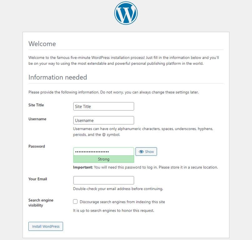 WordPressのインストール画面で、サイトのタイトル、ユーザー名、パスワードなどのウェブサイト情報を挿入