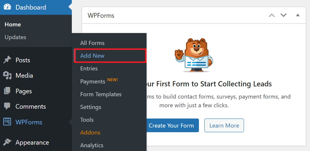 WordPressダッシュボードでWPFormsの新規追加メニューにアクセス