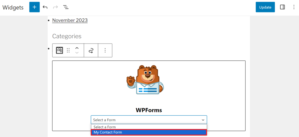 ウィジェットエリアでお問い合わせフォームを選択