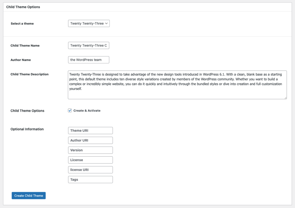 WP Child Theme Generatorプラグインを使って新しい子テーマを作成