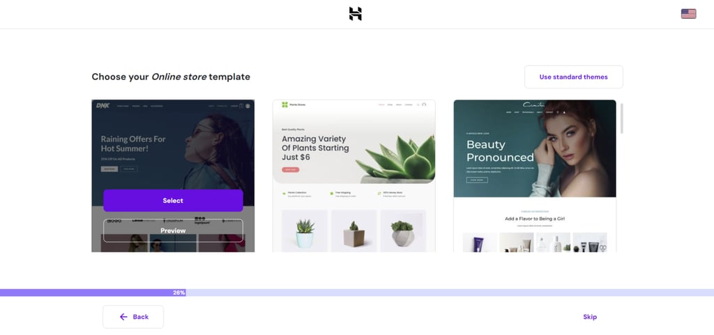 HostingerのWooCommerceセットアップウィザードでオンラインストア用テンプレートを選択する