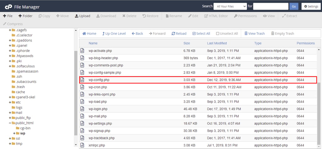 cPanelの/public_htmlディレクトリにあるwp-config.phpファイル