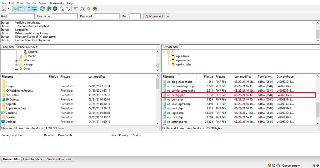 wp-config.php file in the /public_htmlディレクトリ